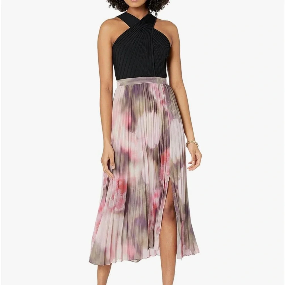 Ted Baker Black Pleated Halter Top with Pink Floral Midi Skirt